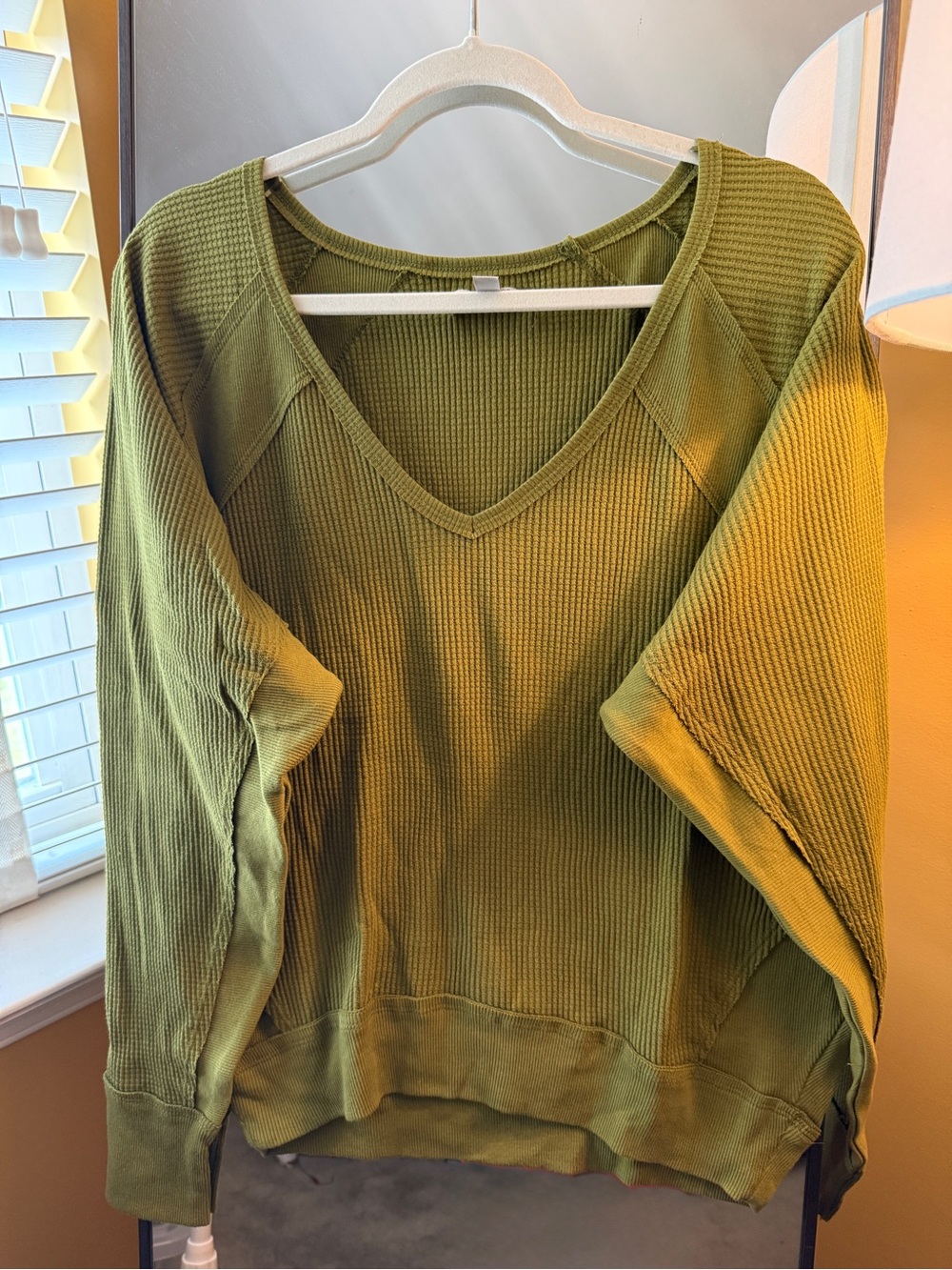 Free People Olive Green V-Neck Waffle Knit Pullover